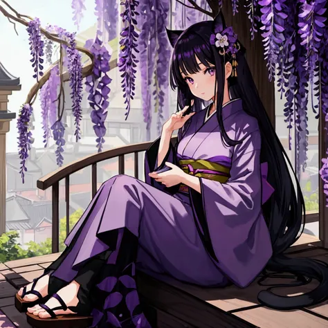 1girl, black hair, gray eyes, wisteria tree, wisteria, anime girl with black hair and gray eyes wearing a kimono, purple kimono, cat at her feet, human, pretty, purple, aesthetic, sitting under wisteria tree, large chest, skinny