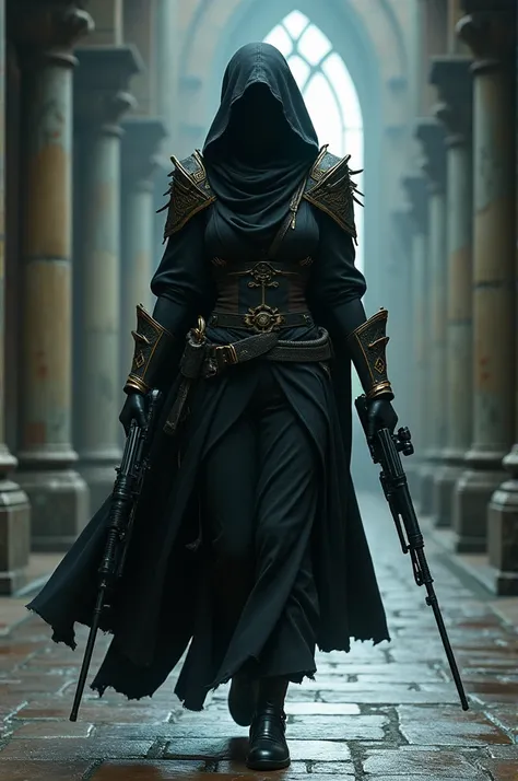 “A mysterious female assassin wearing a hooded black cloak and ornate armor, covered face, holding two sniper rifles, moving very dynamically. The armor features intricate designs., combining gold and black, contrast with the surroundings. The scene is set...