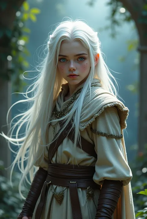 , adolescent, albino, hair bank, Albino skin, magic, Fantasy, freckles, very long hair, blue eyes, white eyebrow, white eyelashes, normal ears, 15 years, man, medieval, white skin, warrior clothes