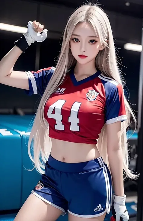 Woman with long hair straight, football jersey 70 in shirt, high detailed, realistic, ultra realistic, football skin t shirt and ((football short pant)), blue football skin shirt, hand gloves goal kick ,as goal keeper ((red eyes))