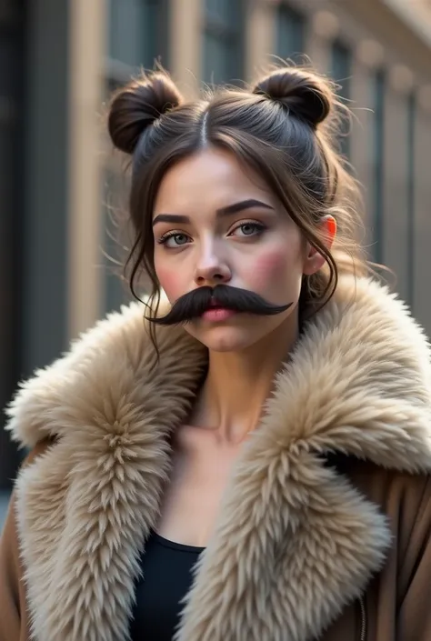 a beautiful woman with an enormous natural shaggy beard and nice mustache, hyper realistic, 8k, detailed face and facial hair, in real soft fur jacket.