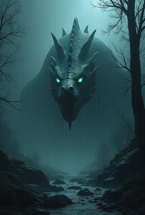 As the rain pours down, the dragons eyes begin to glow brighter, casting an eerie light on the surrounding trees. The sound of the raindrops hitting the rock and the leaves takes on a rhythmic quality, like a slow and ominous drumbeat. The air grows colder...