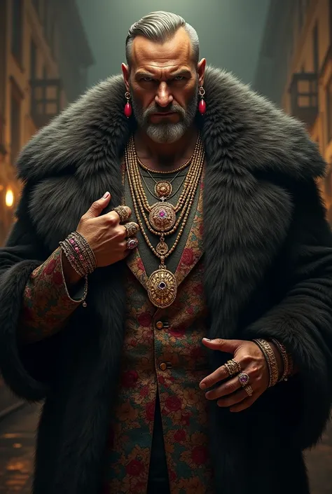 Create an imposing man,with luxurious fur coat, and many jewels of various kinds, gangster style 