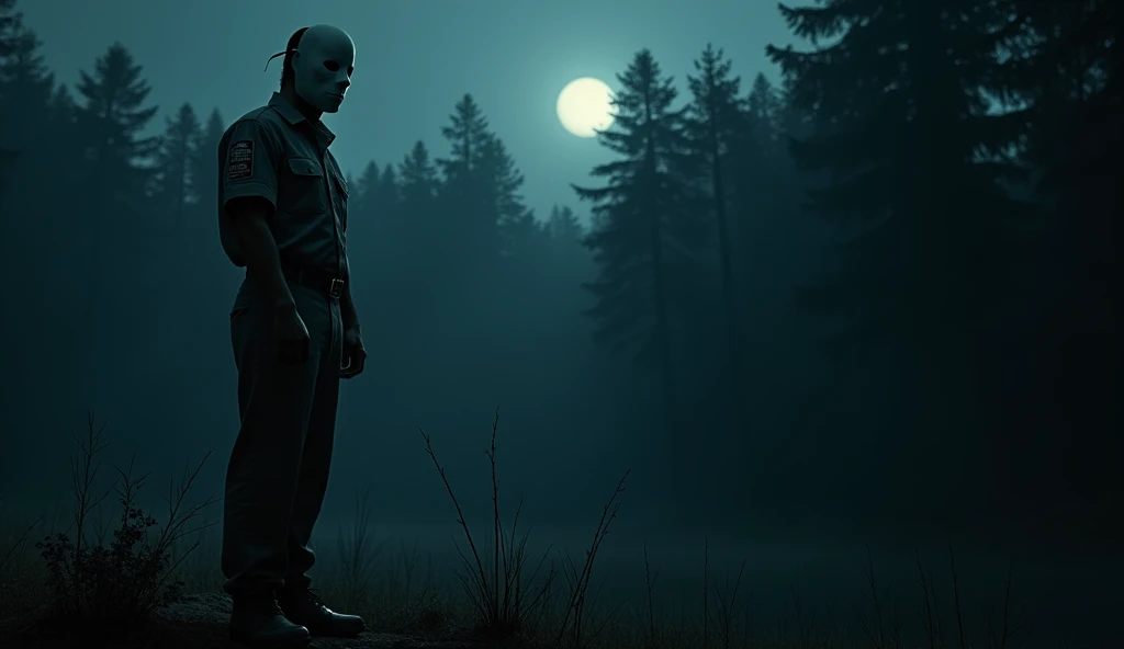 A tall figure standing near the edge of a dark forest, wearing a plain white mask that hides their entire face. Their posture is rigid and unnatural, dressed in a camp counselor’s uniform. The moonlight barely illuminates them, leaving much of the figure i...