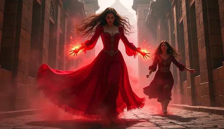 The Scarlet Beauty, long brown hair, long red dress, emanating red energy from the hands, chases a scared medieval female soldier trying to escape 