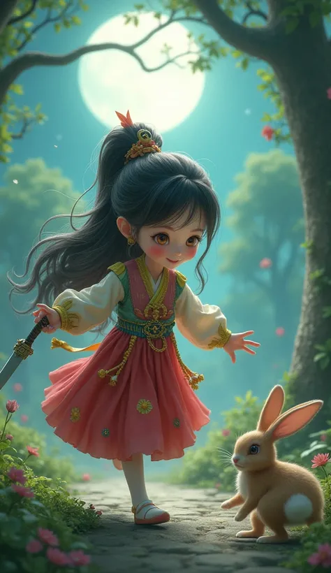 dark，moon,garden,Cute and silly Chinese-style ,long flowing hair,hair accessories,Wearing colorful and exquisite medieval clothes,Hold a long knife in your hand,Chasing after the rabbit