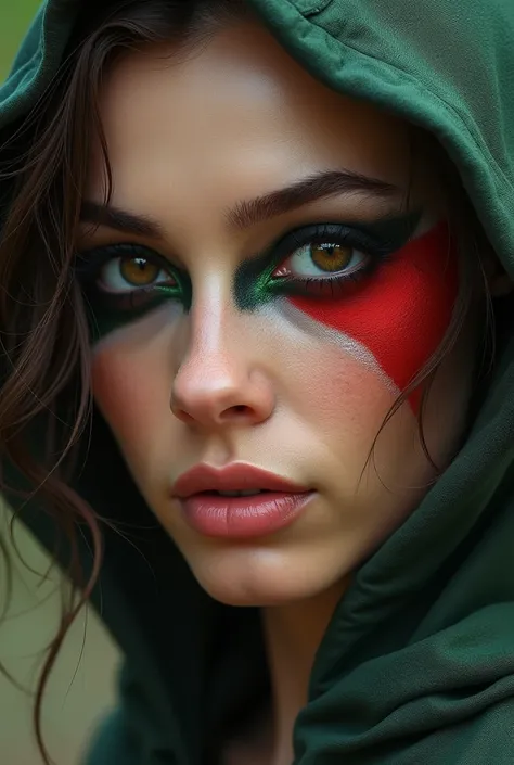 Give me a picture of a brown-eyed woman where the entire eye area is painted with a mix of Robin Hood and the English flag but with warrior features.