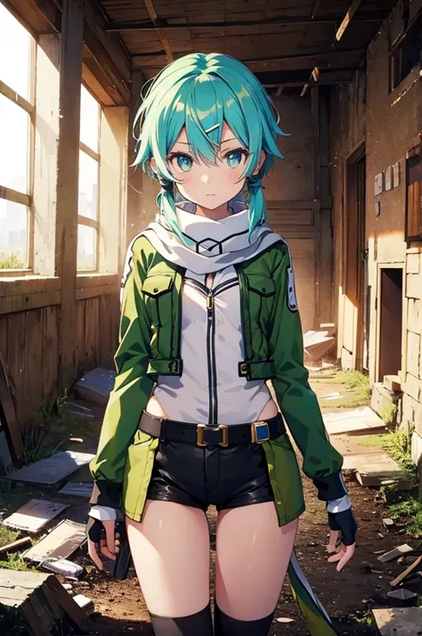 masterpiece, highest quality、Shinono,pixel perfect, solo、Perfect in every detail, alone, 1 girl、(masterpiece), highest quality, naked , expressive eyes, perfect face, High resolution, sinon 1, scarf, fingerless gloves, long sleeve, short shorts, hair ornam...