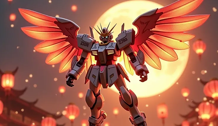 8k，very carefully，Mobile Suit Gundam，in the real world，The armor is carefully crafted，There are huge wings on the back，Combination of mecha and lantern，Every part of the body has the characteristics of a lantern，The left shoulder armor is clearly engraved ...