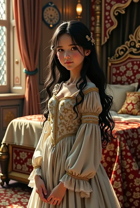 Young 14 yo girl with black hair and deep brown eyes wearing medieval clothes inside royal bed chamber, full body