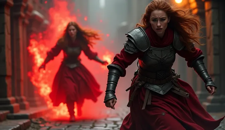 a scared medieval female soldier runs away from the scarlet beauty, long brown hair, long red dress, emanating red energy from the hands,  a scared medieval female soldier trying to escape