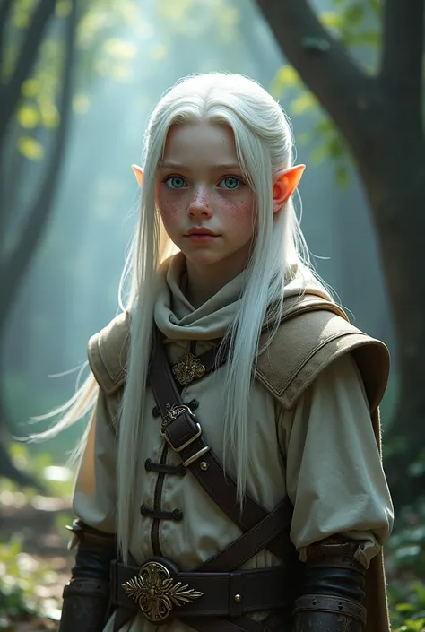 , adolescent, albino, hair bank, Albino skin, magic, Fantasy, freckles, very long hair, blue eyes, white eyebrow, white eyelashes, normal ears, 15 years, man, medieval, white skin, warrior clothes