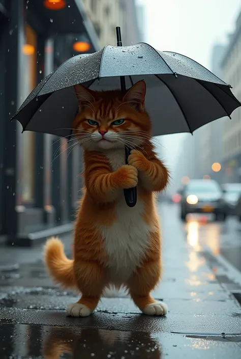 Cat using umbrella angry because a car passed by and threw water at him