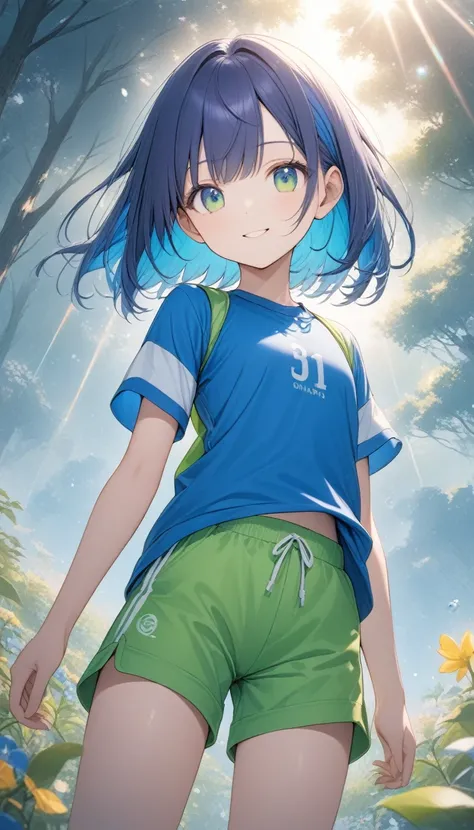 One,Cute  girl,Young face、Slim figure、Thin legs、8 heads、((Indigo hair color、Bright cobalt blue inner color hairstyle、Straight hair type、Short Bob), （((Green gym clothes、Shorts)))、Beautiful Hair, Facial Contour, Remember、illumination、Splash, Lens Flare,Natu...