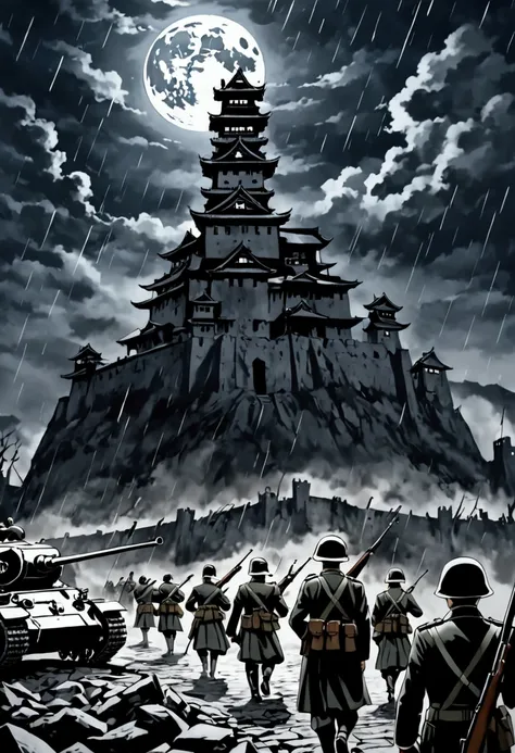 A legion of reich soldiers invade a old castle in ruins on japan, great war, world at war, reich, soldiers, tanks, rifle mp40, reich uniform, rain, shadow castle, night, fullmoon.