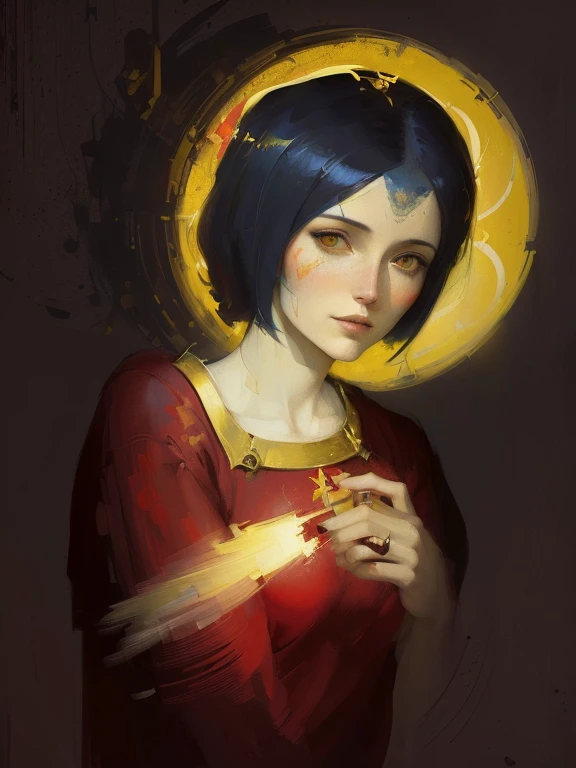 arafed image of a woman with a red shirt and a yellow halo, inspired by Giotto, saint woman, speedpaint, stylised painting, colored sketch, an expressive digital painting, speedpainting, drawn with photoshop, inspired by Mead Schaeffer, blurry and dreamy i...