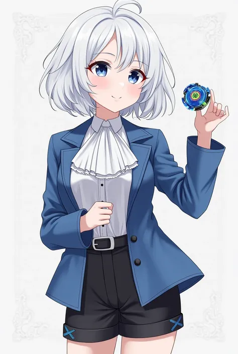 A girl with short curly white hair with French bangs and indigo eyes wearing a blue elegant jacket with a white Victorian style shirt and black shorts smiling slightly and raising her hand with a blue and purple Beyblade 