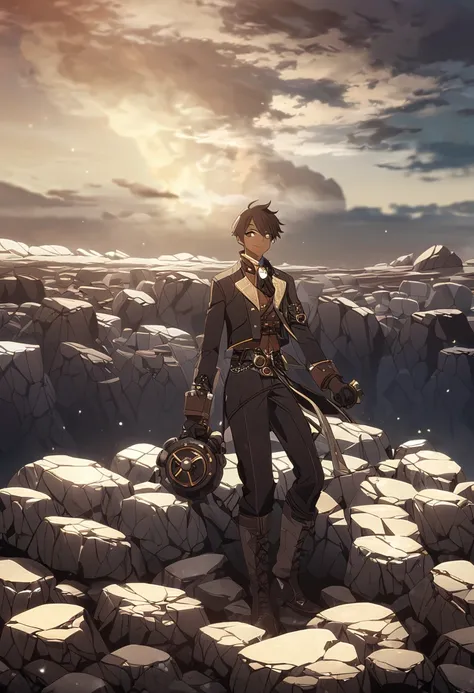 a man made of boulders surrounded by rocks and stone in the sky, male focus, 1boy, Alone,A body made of rock,Dark Skin,smile,Steampunk clothing