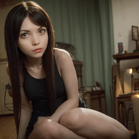 a young woman in her early twenties with long, dark brown hair and pale skin, sits in an intimate indoor setting. her expression...