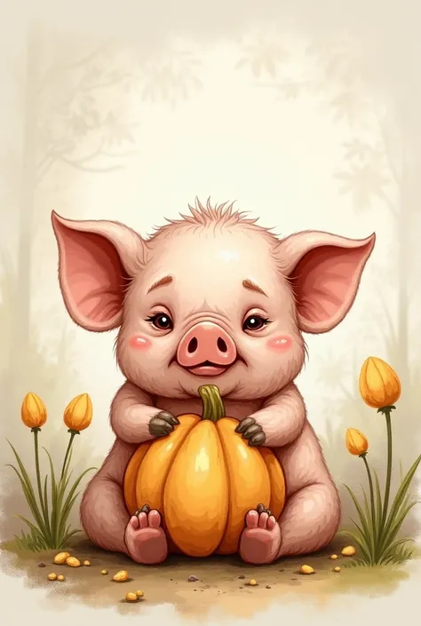 Drawing of a cute old pig with a gourd in her hand 