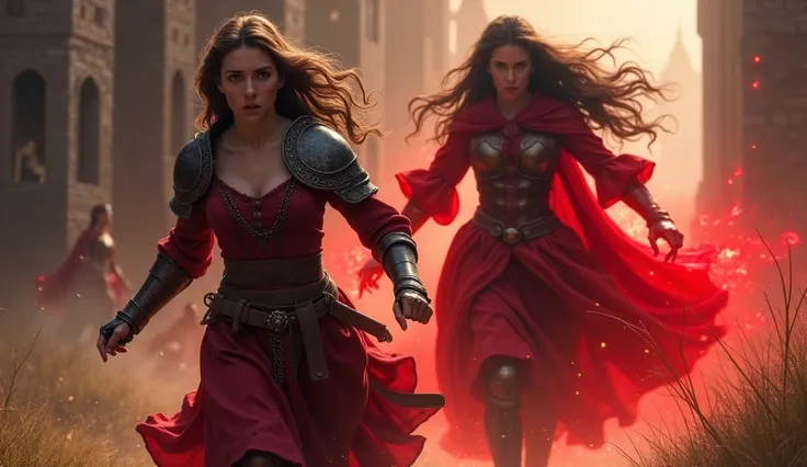 a scared medieval female soldier runs away from the scarlet beauty, long brown hair, long red dress, emanating red energy from the hands, a scared medieval female soldier trying to escape