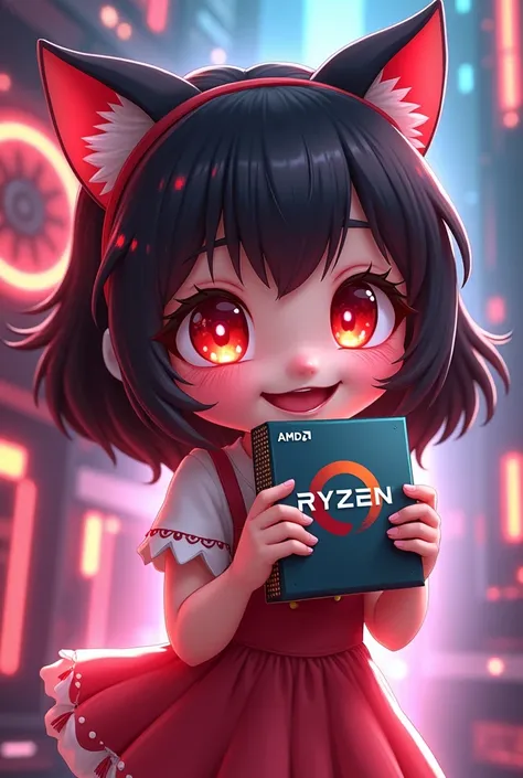 create a cute picture of amd chan with red eyes holding a ryzen 9 5950x
