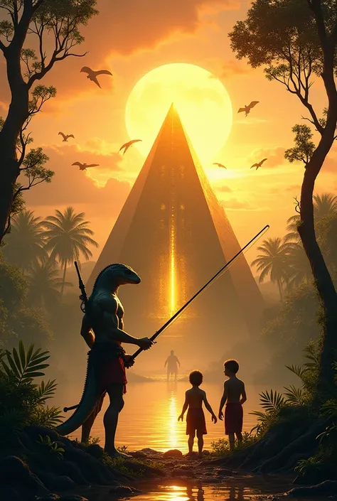 Sunset in the Amazon rainforest full of golden pyramids,  at the tip a crystal tip. 
Slender warrior reptilian fishing in the forest with his children. 
Flying dinosaurs in the sky 