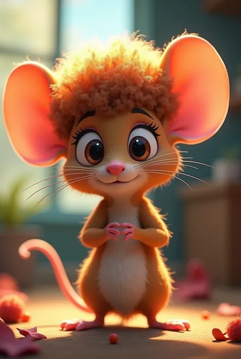 Animated big-eared mouse with curly hair and afro hair