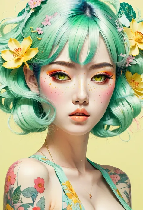 A mesmerizing surreal illustration of a young japanese woman. She has pastel green hair with blunt bangs, yellow eyes, and wears a vibrant pastel colored outfit adorned with intricate floral patterns. Freckles dot her smooth, warm complexion, and bold, col...