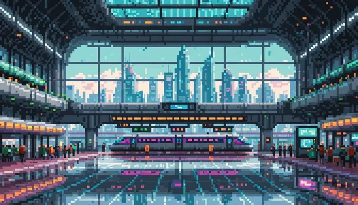 Pixel art, a captivating scene featuring a futuristic train station, sleek modern, architecture with transparent glass panels, a high-speed train, advanced technological elements like holographic displays and robotic assistants, a futuristic cityscape back...