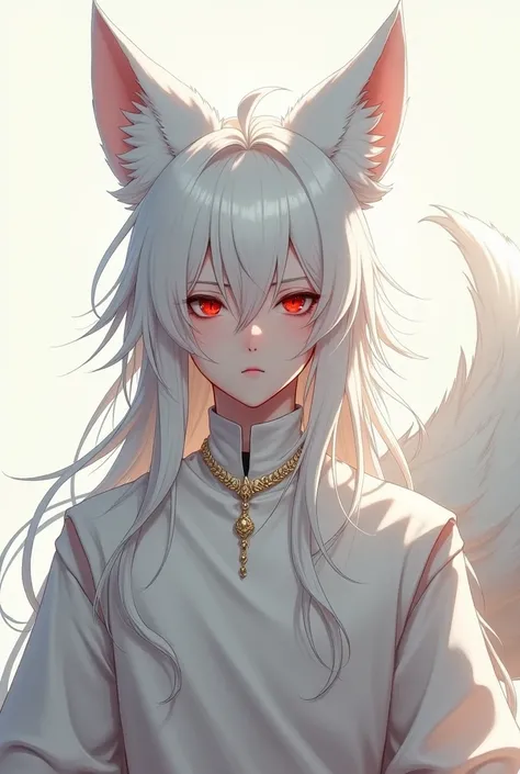 A man with androgynous appearance, long white hair, red eyes, with white fox ears and tail, em 2d.