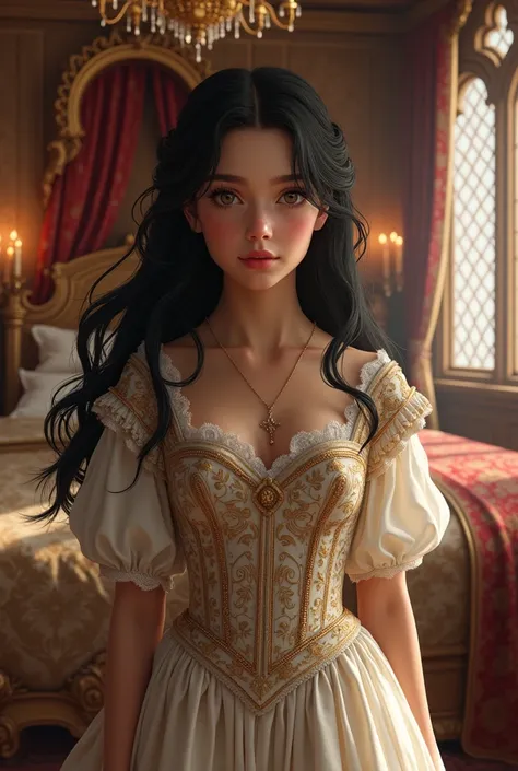 Young 14 yo girl with black hair and deep brown eyes wearing medieval clothes inside royal bed chamber, full body