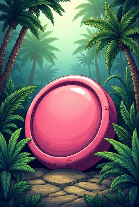 Place a pink button in a simple drawing style with an Amazonian background