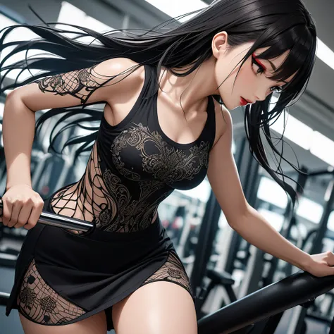 A young Japanese woman. In a short skirt and a very sensual top( intricate details), flowing black hair, makeup (intricate details).at the gym working out (intricate details). He&#39;s working out his legs (hyper-realistic, intricate details).Her short ski...