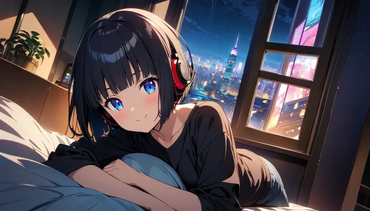 (Best Quality,masterpiece:1.2)Detailed Anime Girl((blue eyes))(((Shortcuts、Bobcut、Shiny black hair))) (((Are you wearing your headphones correctly?))) (Oversized black t-shirt、Wearing skinny jeans),Sleeping in bed, In the Well Bedroom, with big windows sho...