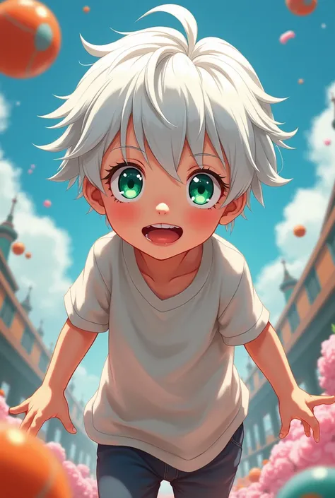 Child character between 5-, in the style of anime bule crazy, with white hair, green eyes and white skin