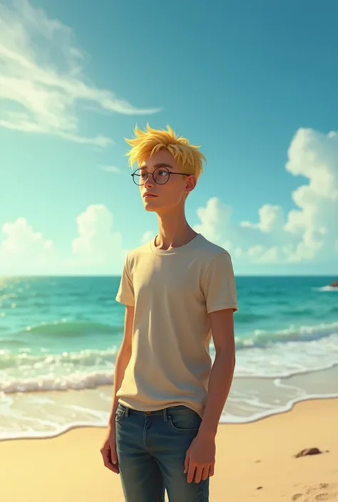 blond man, tall skinny , with denharry potter glasses on the beach