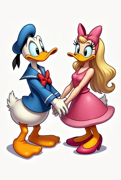 Please give me a cartoon version of Donald Duck and Daisy Duck looking muscular and holding hands 
