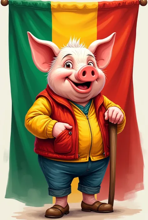 Flag in green, red and yellow colors with a drawing of an elderly pig mascot with a cane in the middle