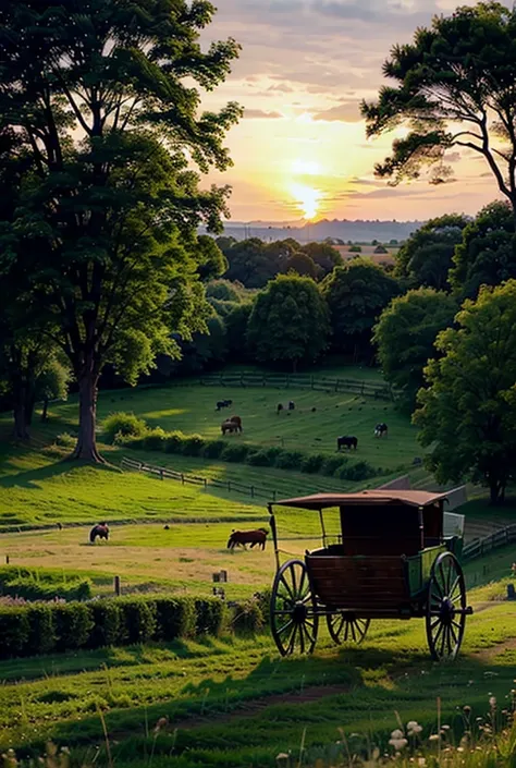 A horse-drawn grass cart crosses a beautiful green pasture, The sunset is seen behind the cart. 