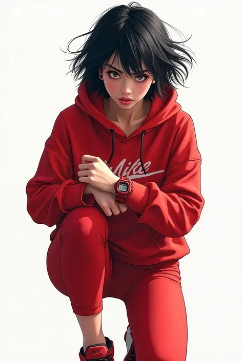 live-action、Real、Beautiful Japanese women like Minami Hamabe、red nike hoodie、Hot pants、Red G-Shock、Nike red sneakers、Black Hair、Short Bob Hair、Hair blowing in the wind、Heel Drop、Dynamic pose、Dynamic facial expression、Glaring at the viewer、White background
