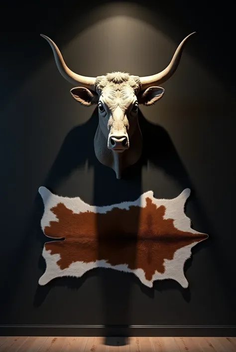 Create me a black wall with lighting from top to bottom and that has on the wall a decoration of a realistic bull&#39;s head and below the head a cowhide rug horizontally but both are hung on the wall separately