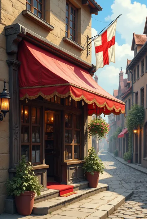 Make me a sketch of a realistic awning decorated with medieval themes and English flags