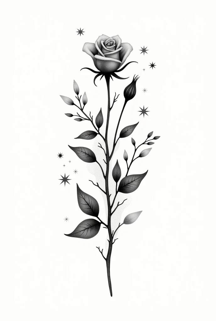 The tattoo design is a small rose flower, black and white, with birds and stars, size A3, and with the swaying of branches.