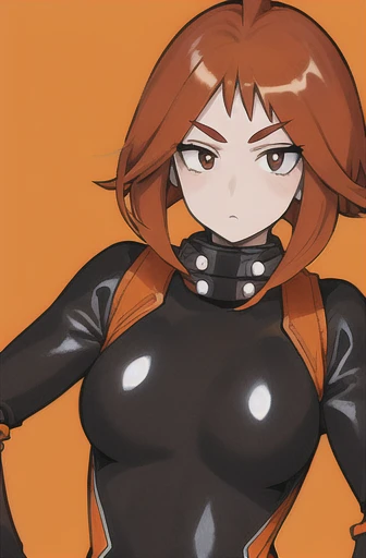 horikoshi kouhei, adult woman, round face, brown almond shaped eyes, long lashes, auburn medium hair, spiky orange bang side hair strands, black bodysuit with orange details, long sleeves, mask, white background, jewerly, boku no hero academia

