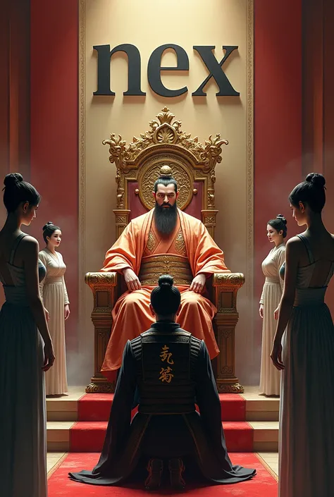 Create a king on the throne and behind the king have the letters "N e X" In front of the king there is a Samurai kneeling and bowing and written on his back "Of Ban", next to the king there are women