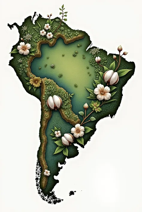 only Map of Brazil, Cotton Culture, Drawing, with lots of plants on the map, filling the entire map of Brazil.
