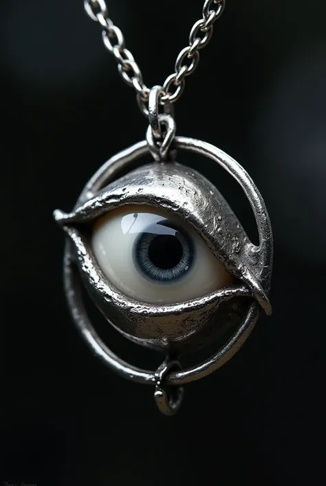 A silver pendant like a puppet&#39;s plastic eye, individual silver with black pupil detail 
