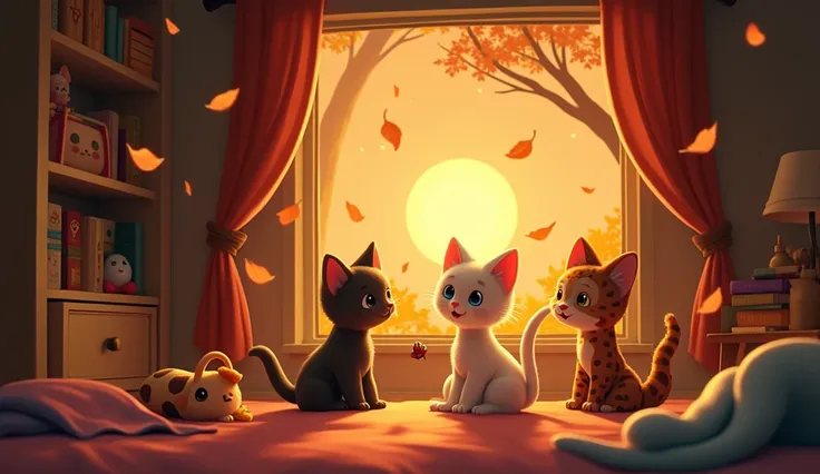 cozy room, Soft glow of sunset, Tico (kitten), Dona Mimi your mother (Snake), friend Gafi (locust), charming story, enchanted lake, Bright lights of leaves, soft blankets, Shelves with toys and books, Magical atmosphere, Union and friendship, magic trick, ...