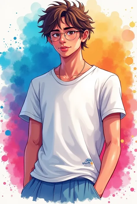 teenage male, upper body, full colour illustration, water color paint, splashed, bright, playful, edgy, homosexual, bright background, vibrant paint, masterpiece, normal guy, pink and blue color scheme, white shirt, animated, fake straight